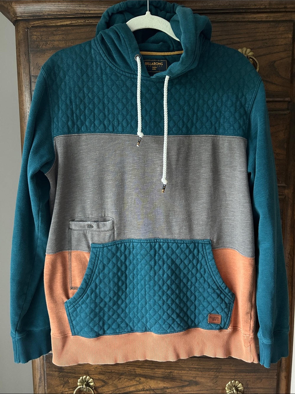 Billabong Teal, Gray & Peach Quilted Colorblock Pullover Hoodie